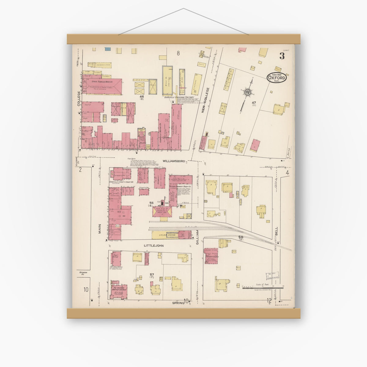 Old map wall art mockup — magnetic wood frame on white wall — Sanborn Fire Insurance Map from Oxford, Granville County, North Carolina (1922), Sheet #0003