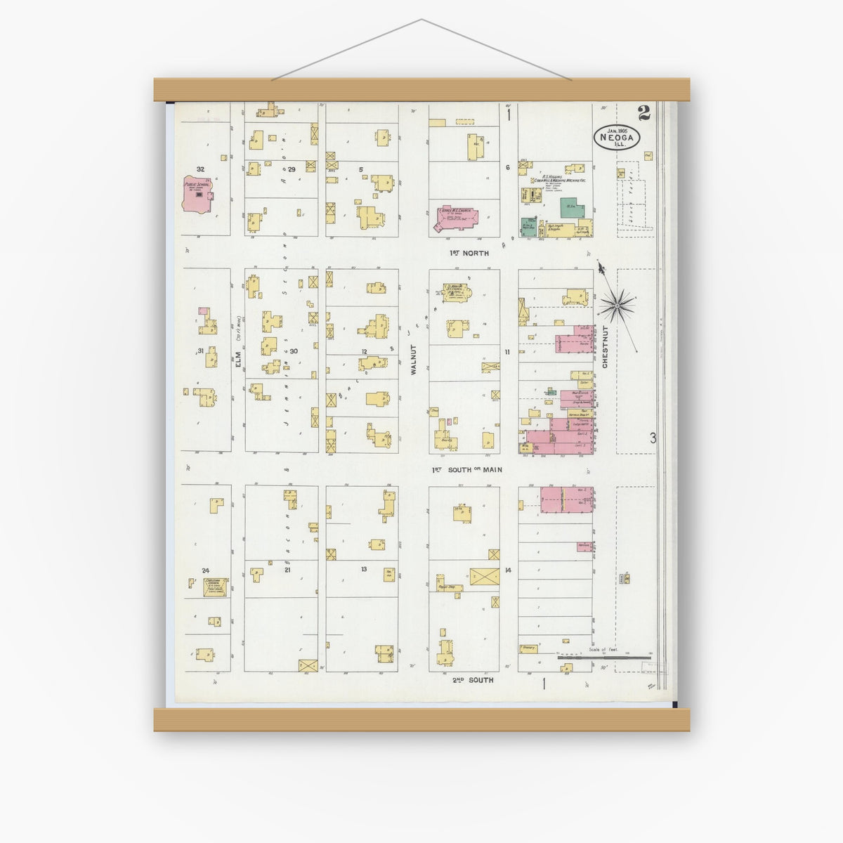 Old map wall art mockup — magnetic wood frame on white wall — Sanborn Fire Insurance Map from Neoga, Cumberland County, Illinois (1905), Sheet #0002
