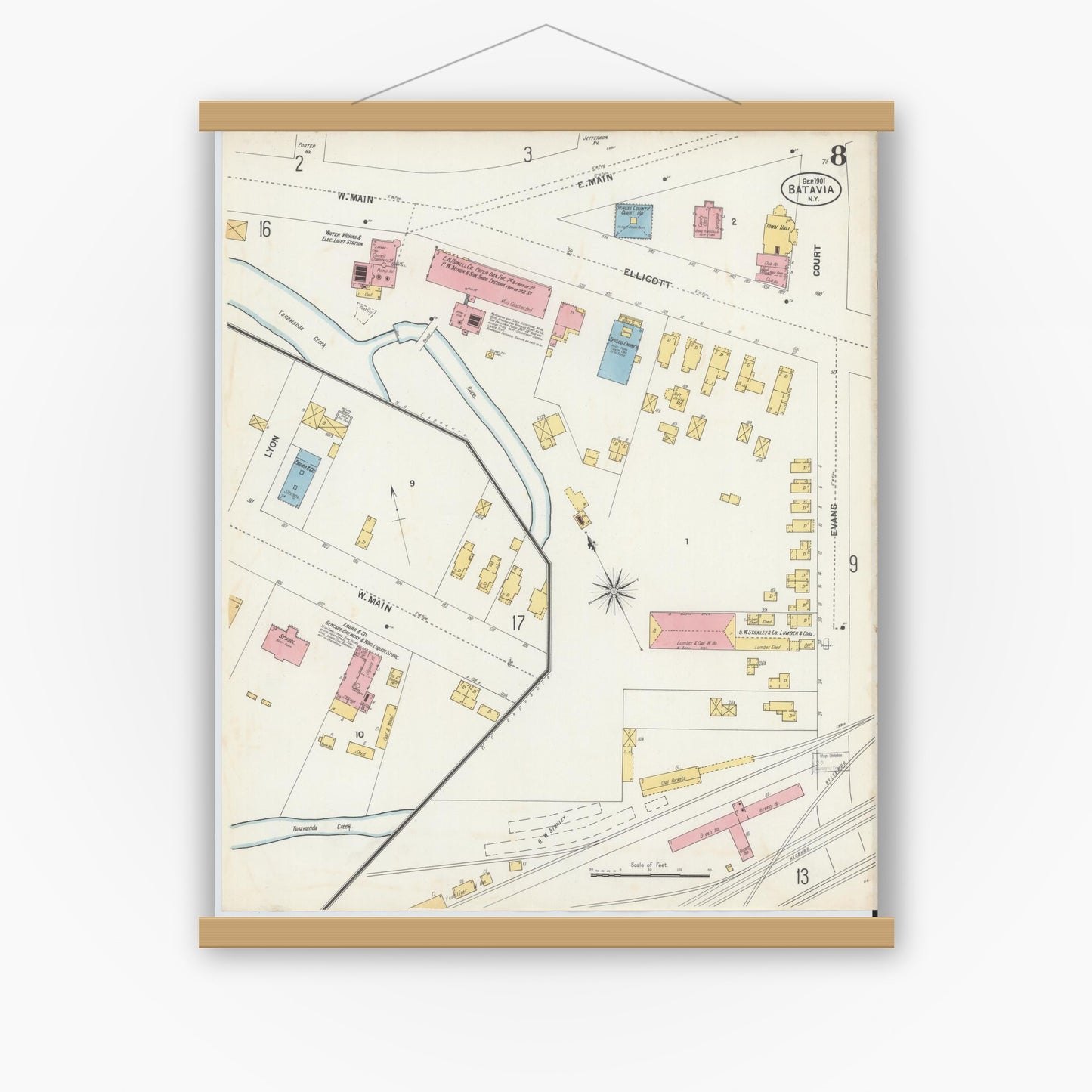 Old map wall art mockup — magnetic wood frame on white wall — Sanborn Fire Insurance Map from Batavia, Genesee County, New York (1901), Sheet #0008