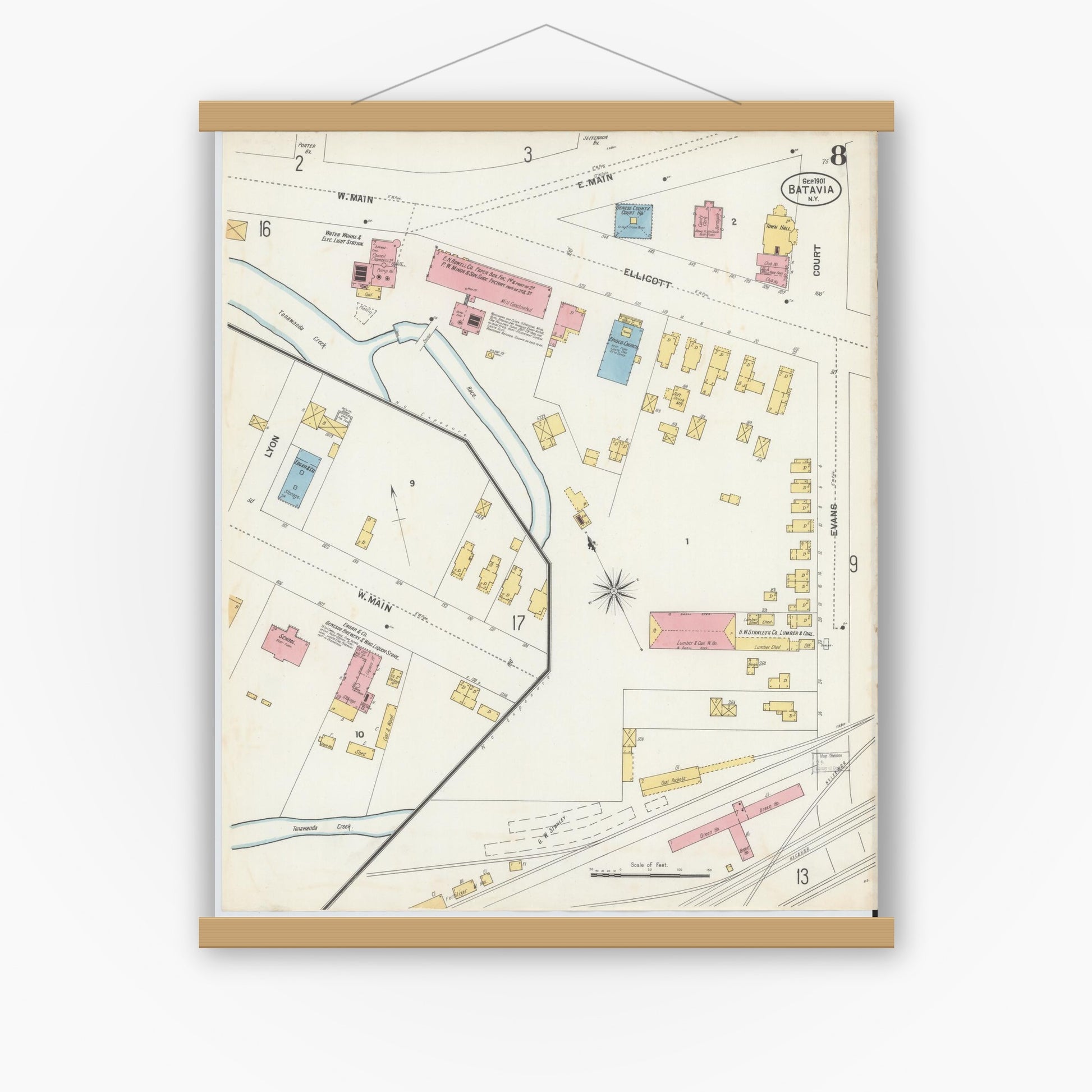 Old map wall art mockup — magnetic wood frame on white wall — Sanborn Fire Insurance Map from Batavia, Genesee County, New York (1901), Sheet #0008