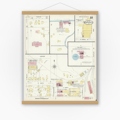 Old map wall art mockup — magnetic wood frame on white wall — Sanborn Fire Insurance Map from Crawfordsville, Montgomery County, Indiana (1907), Sheet #0018