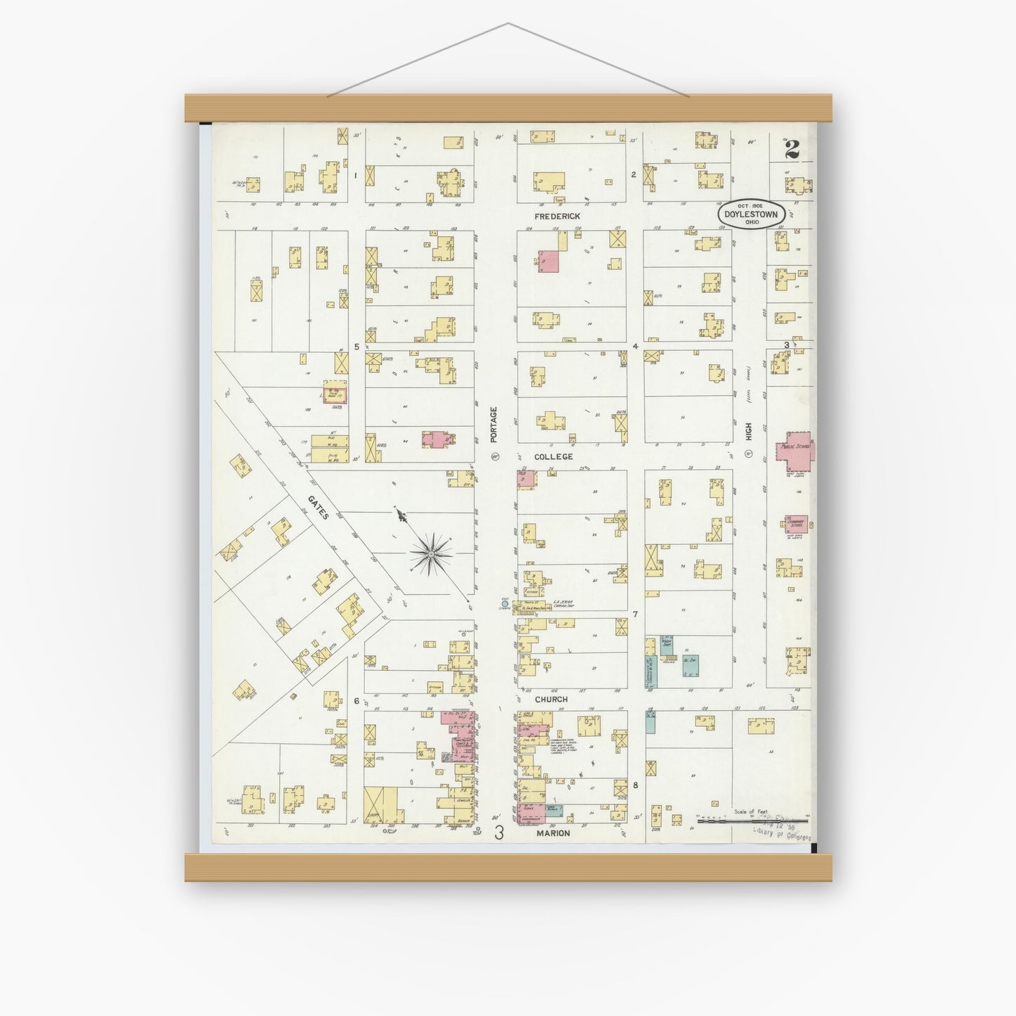 Old map wall art mockup — magnetic wood frame on white wall — Sanborn Fire Insurance Map from Doylestown, Wayne County, Ohio (1902), Sheet #0002