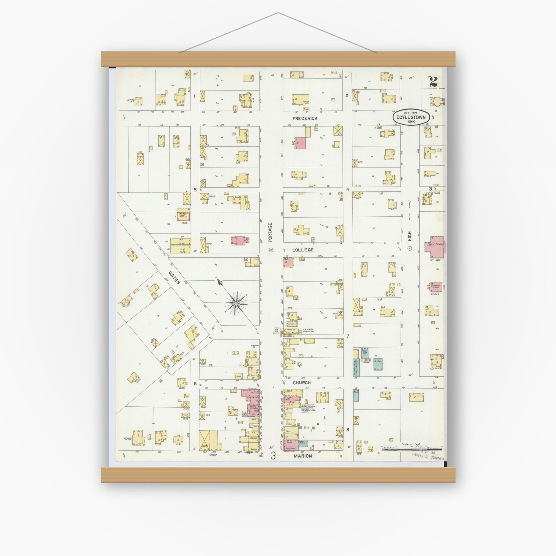 Old map wall art mockup — magnetic wood frame on white wall — Sanborn Fire Insurance Map from Doylestown, Wayne County, Ohio (1902), Sheet #0002