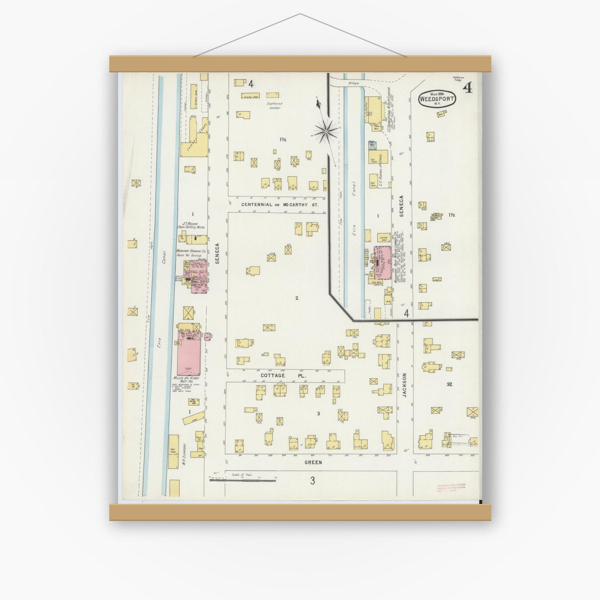 Old map wall art mockup — magnetic wood frame on white wall — Sanborn Fire Insurance Map from Weedsport, Cayuga County, New York (1896), Sheet #0004