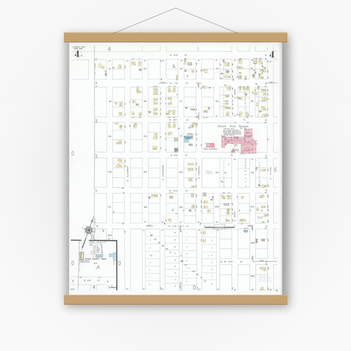 Old map wall art mockup — magnetic wood frame on white wall — Sanborn Fire Insurance Map from Crane, Crane County, Texas (1951), Sheet #0004