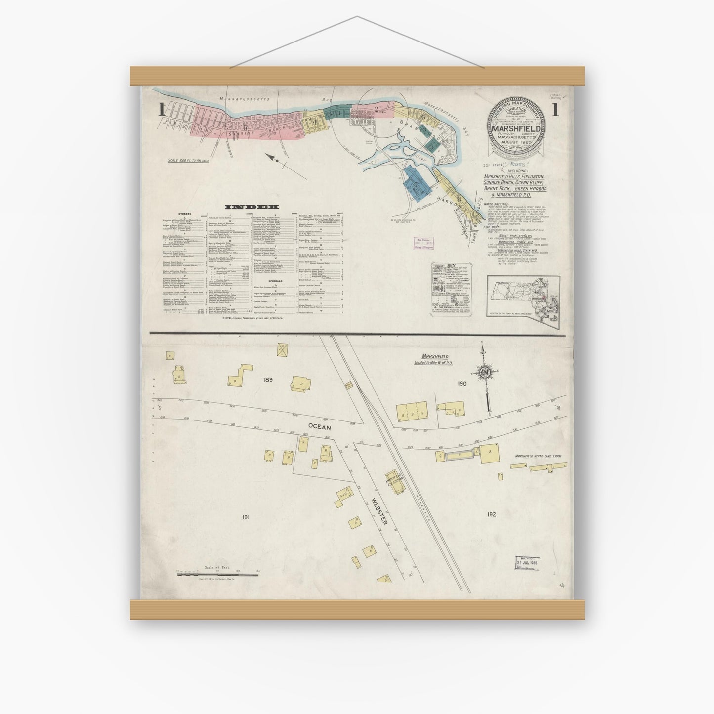 Old map wall art mockup — magnetic wood frame on white wall — Sanborn Fire Insurance Map from Marshfield, Plymouth County, Massachusetts (1925) - Complete Map Set