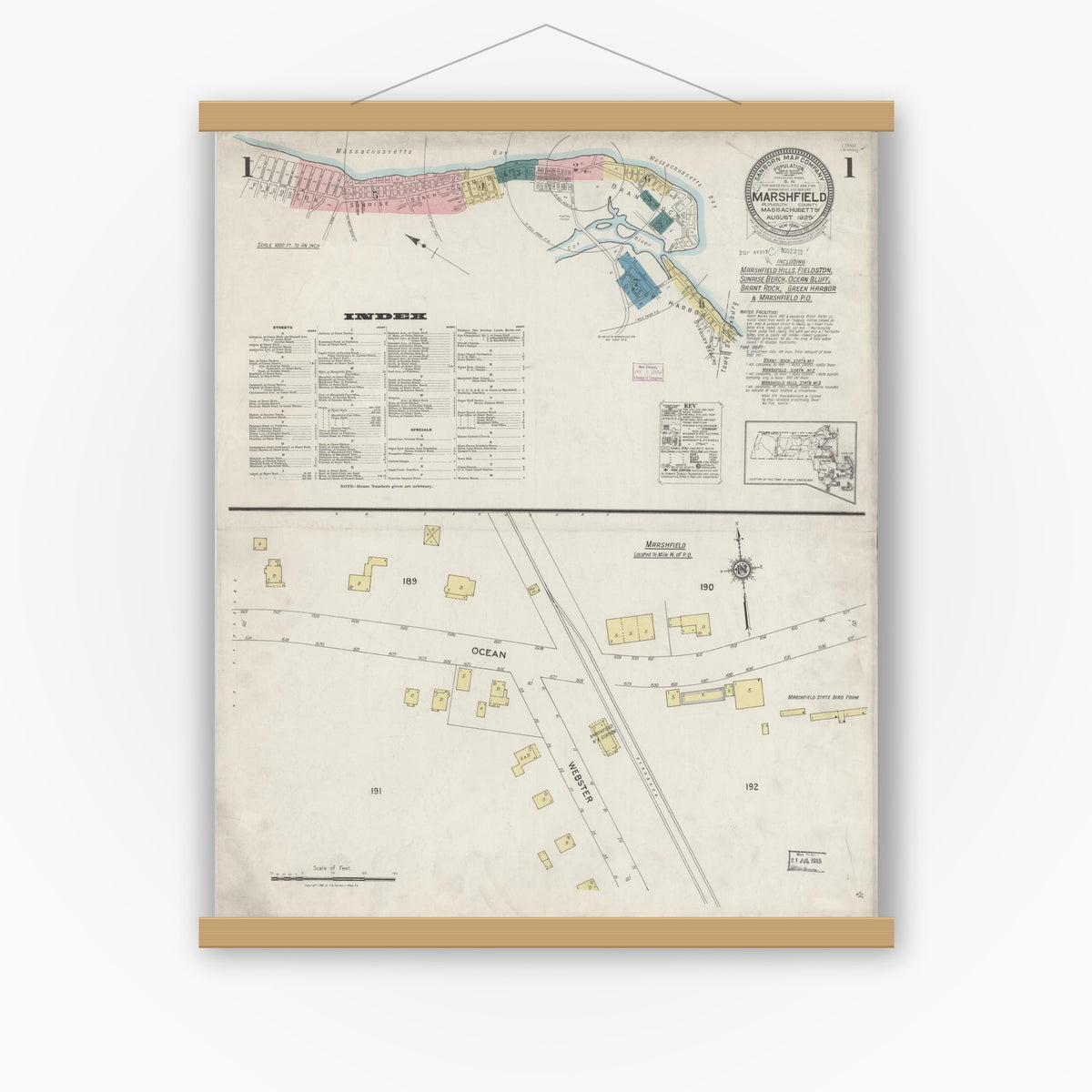 Old map wall art mockup — magnetic wood frame on white wall — Sanborn Fire Insurance Map from Marshfield, Plymouth County, Massachusetts (1925) - Complete Map Set