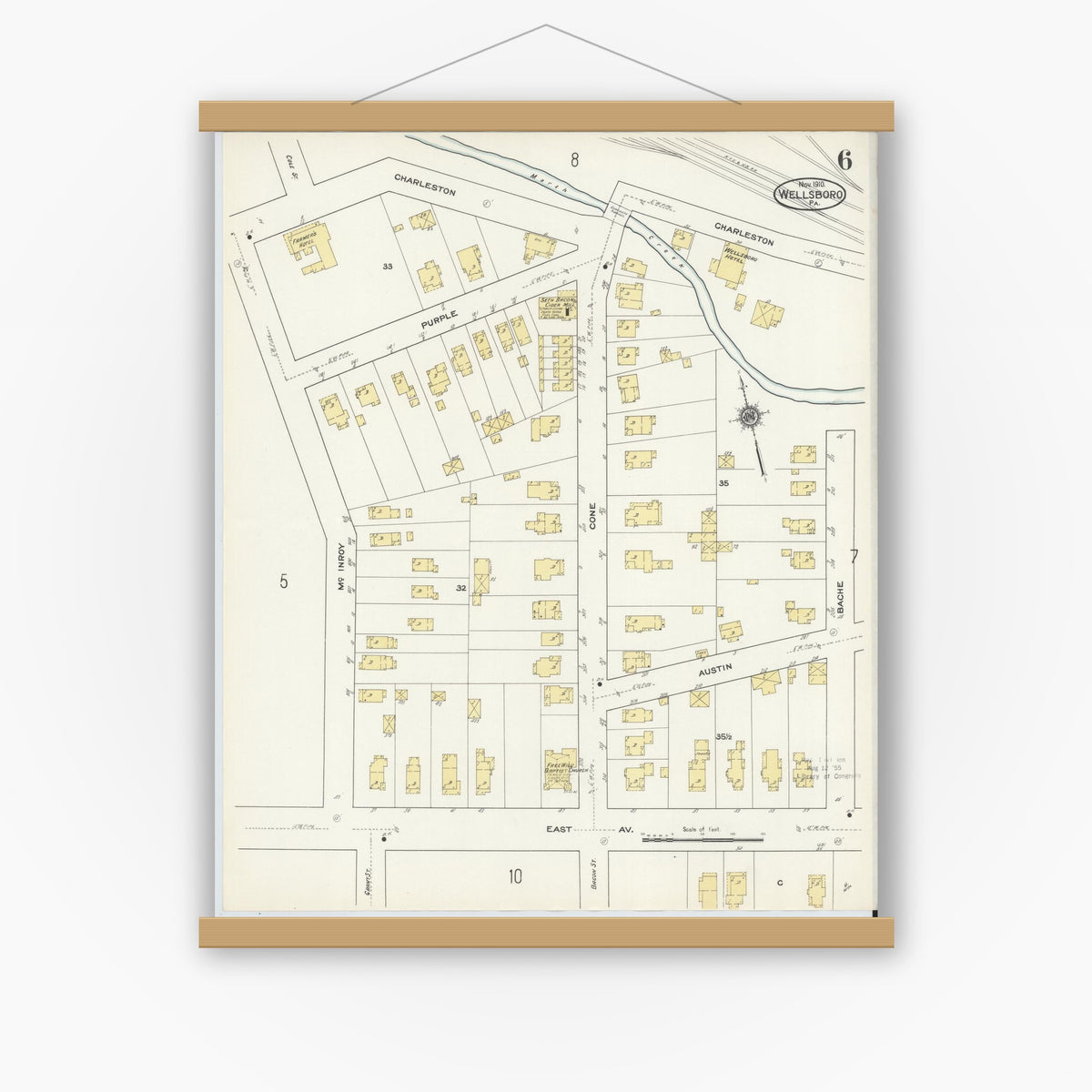 Old map wall art mockup — magnetic wood frame on white wall — Sanborn Fire Insurance Map from Wellsboro, Tioga County, Pennsylvania (1910), Sheet #0006