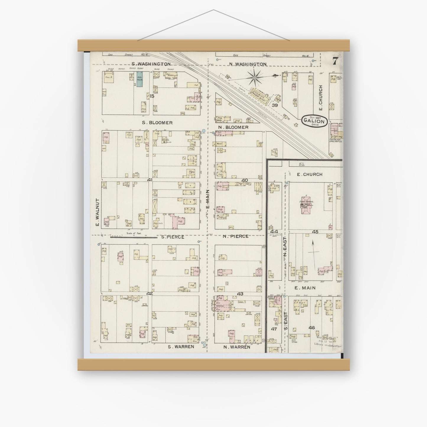 Old map wall art mockup — magnetic wood frame on white wall — Sanborn Fire Insurance Map from Galion, Crawford County, Ohio (1887), Sheet #0007