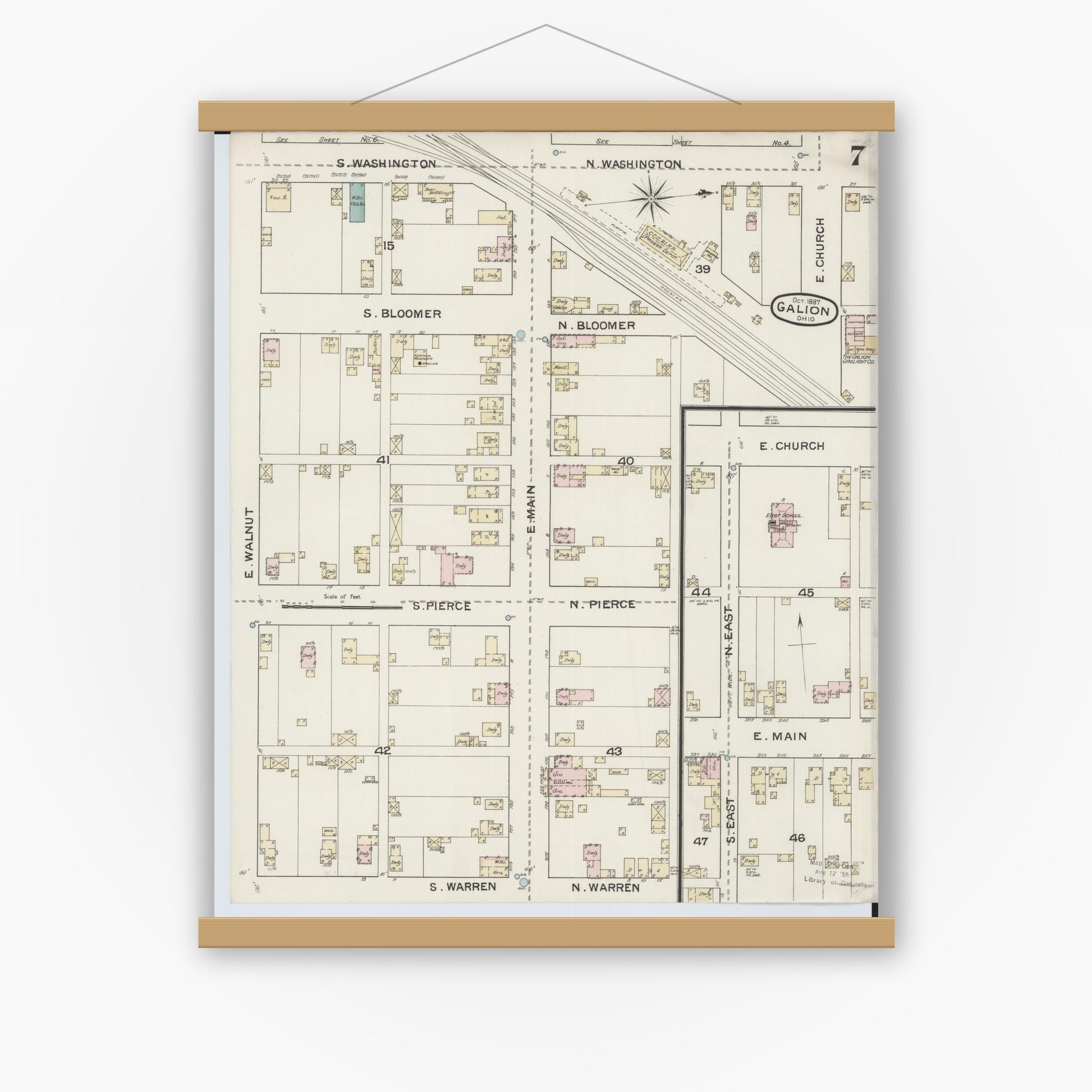Old map wall art mockup — magnetic wood frame on white wall — Sanborn Fire Insurance Map from Galion, Crawford County, Ohio (1887), Sheet #0007