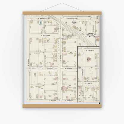 Old map wall art mockup — magnetic wood frame on white wall — Sanborn Fire Insurance Map from Galion, Crawford County, Ohio (1887), Sheet #0007