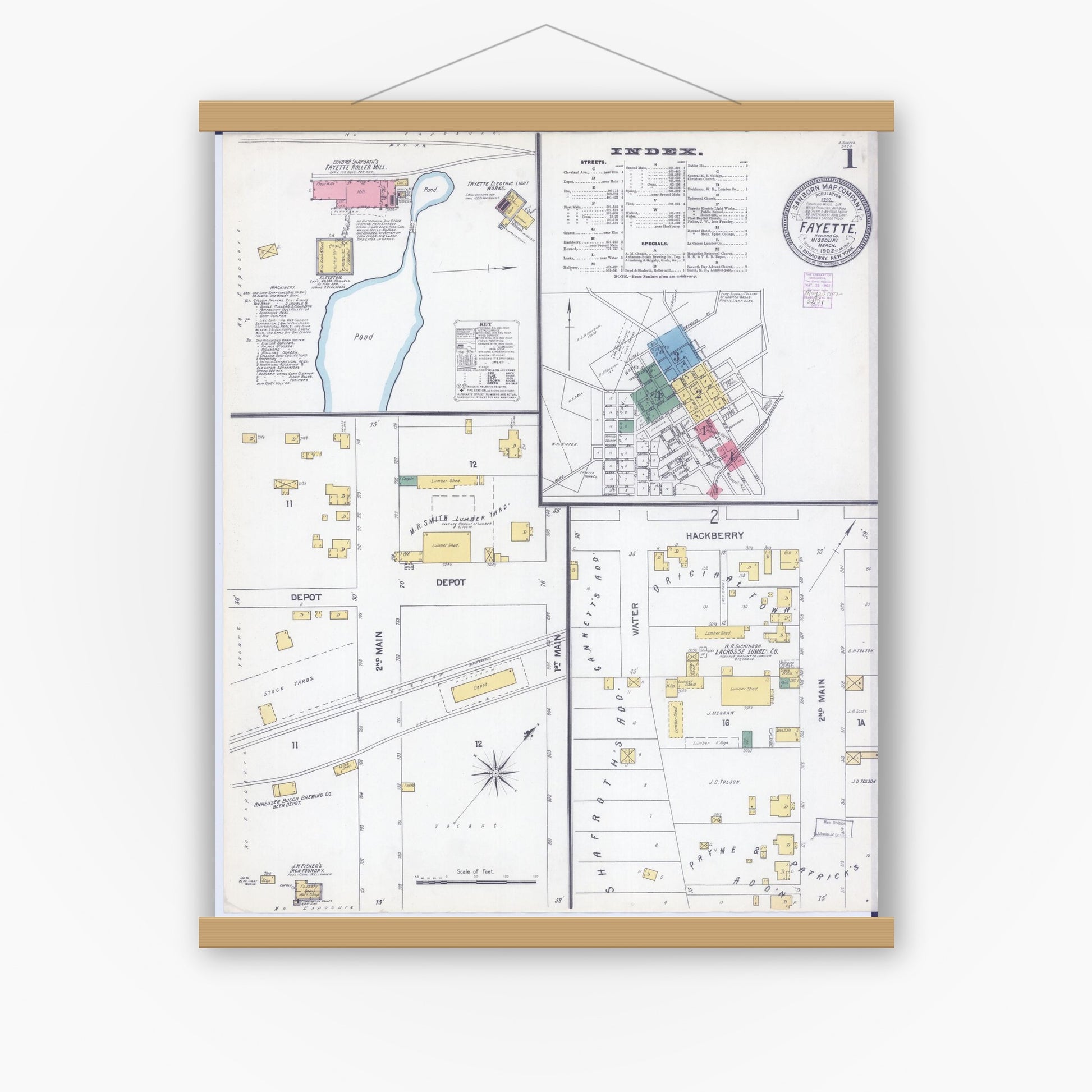 Old map wall art mockup — magnetic wood frame on white wall — Sanborn Fire Insurance Map from Fayette, Howard County, Missouri (1902) - Complete Map Set