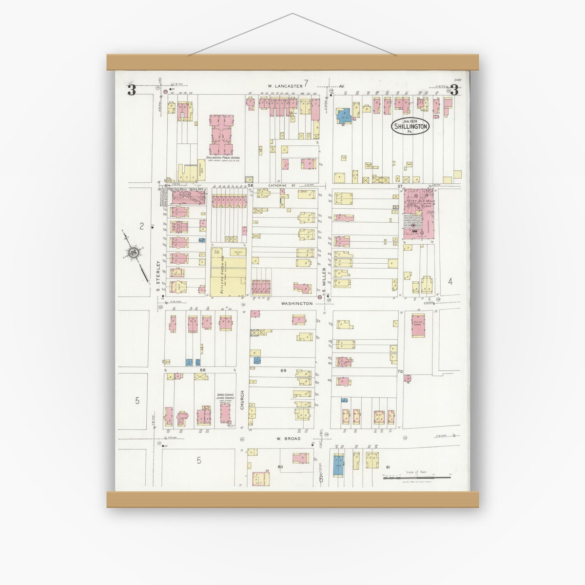 Old map wall art mockup — magnetic wood frame on white wall — Sanborn Fire Insurance Map from Shillington, Berks County, Pennsylvania (1928), Sheet #0003