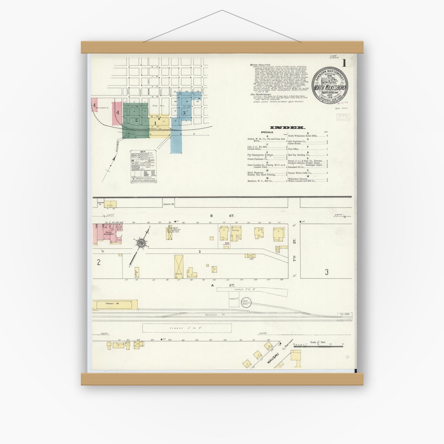 Old map wall art mockup — magnetic wood frame on white wall — Sanborn Fire Insurance Map from North Wilkesboro, Wilkes County, North Carolina (1910), Sheet #0001