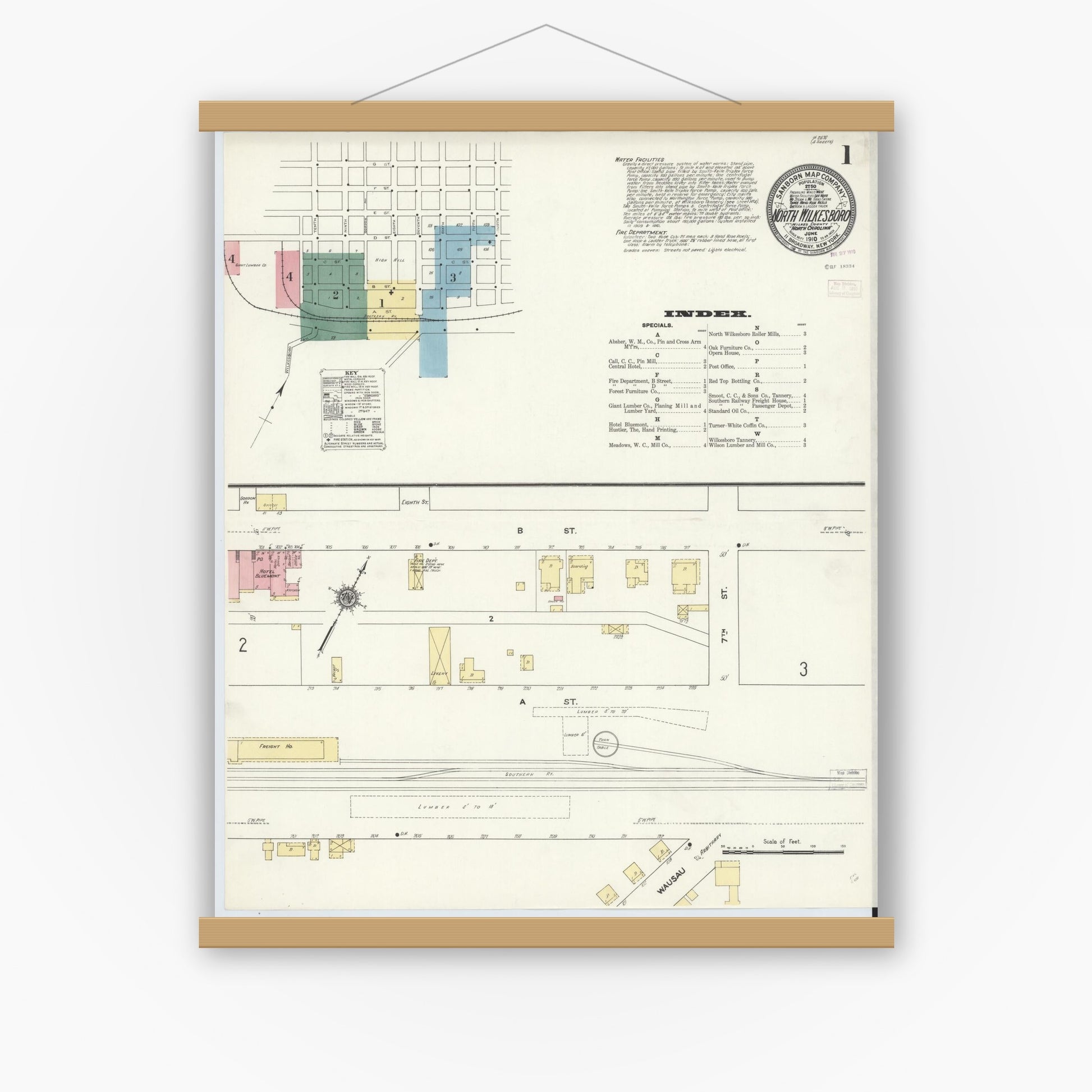 Old map wall art mockup — magnetic wood frame on white wall — Sanborn Fire Insurance Map from North Wilkesboro, Wilkes County, North Carolina (1910), Sheet #0001