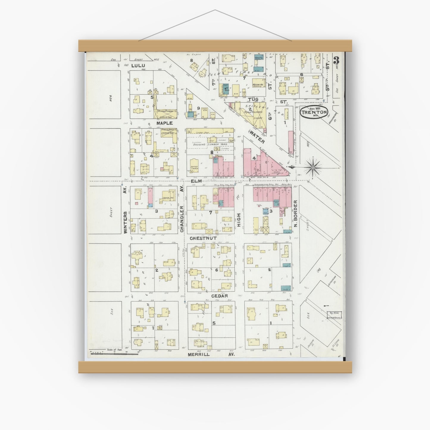 Old map wall art mockup — magnetic wood frame on white wall — Sanborn Fire Insurance Map from Trenton, Grundy County, Missouri (1891), Sheet #0003