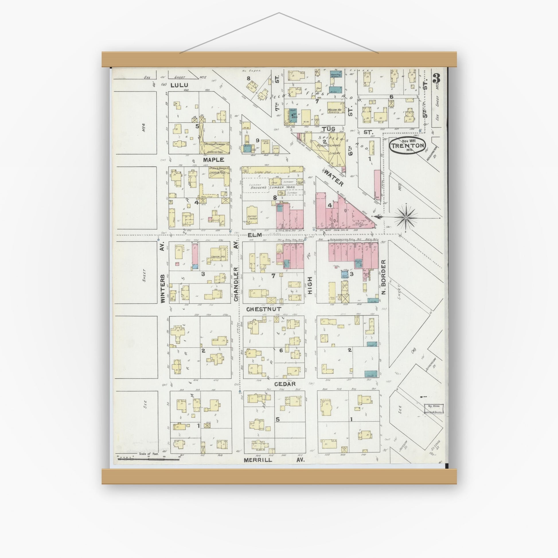 Old map wall art mockup — magnetic wood frame on white wall — Sanborn Fire Insurance Map from Trenton, Grundy County, Missouri (1891), Sheet #0003