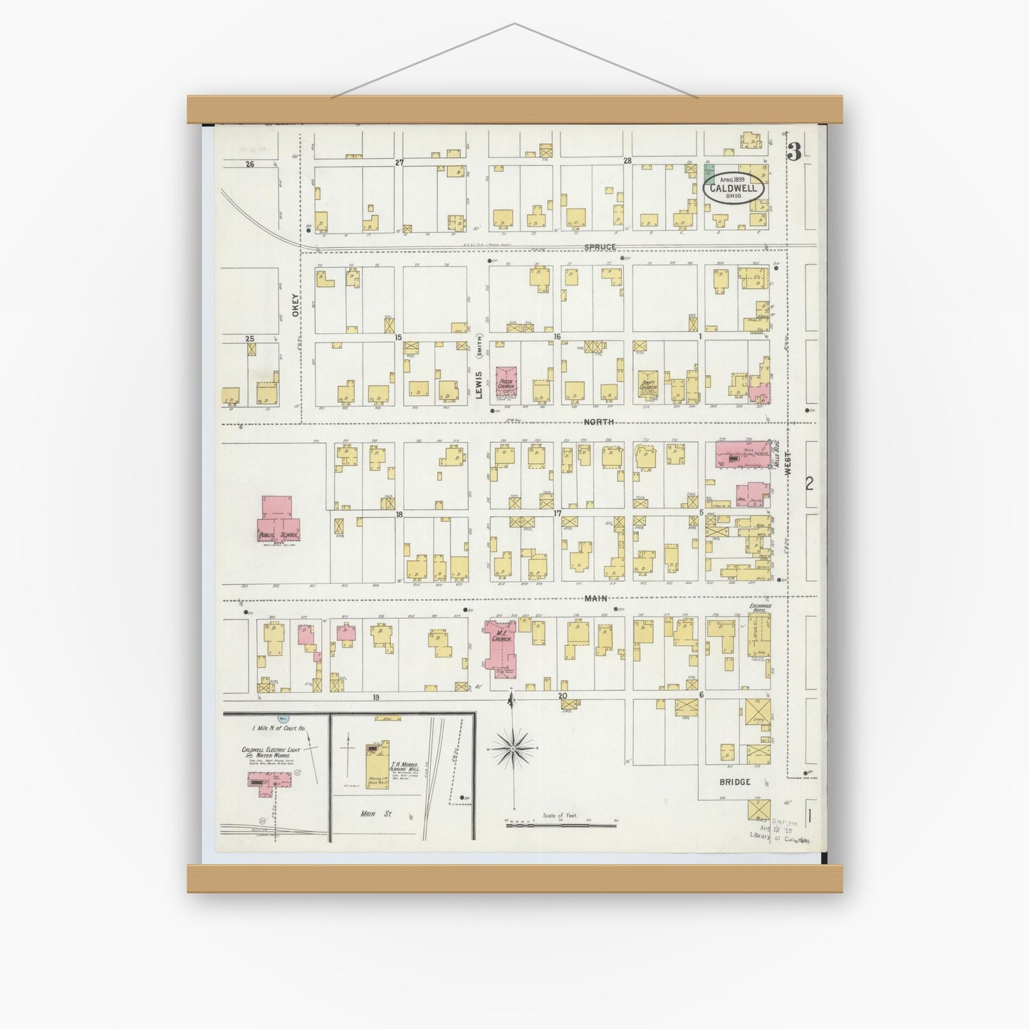 Old map wall art mockup — magnetic wood frame on white wall — Sanborn Fire Insurance Map from Caldwell, Noble County, Ohio (1899), Sheet #0003