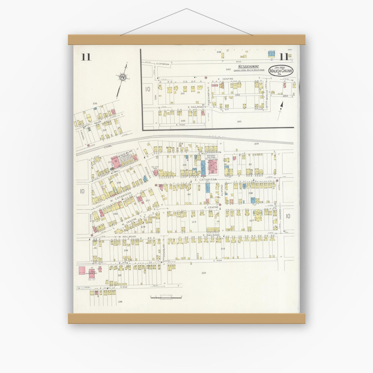 Old map wall art mockup — magnetic wood frame on white wall — Sanborn Fire Insurance Map from Mauch Chunk, Carbon County, Pennsylvania (1930), Sheet #0011