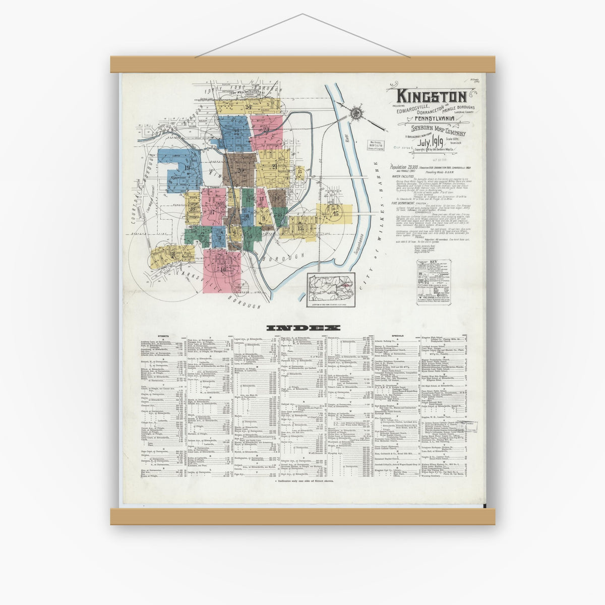 Old map wall art mockup — magnetic wood frame on white wall — Sanborn Fire Insurance Map from Kingston, Luzerne County, Pennsylvania (1919) - Complete Map Set