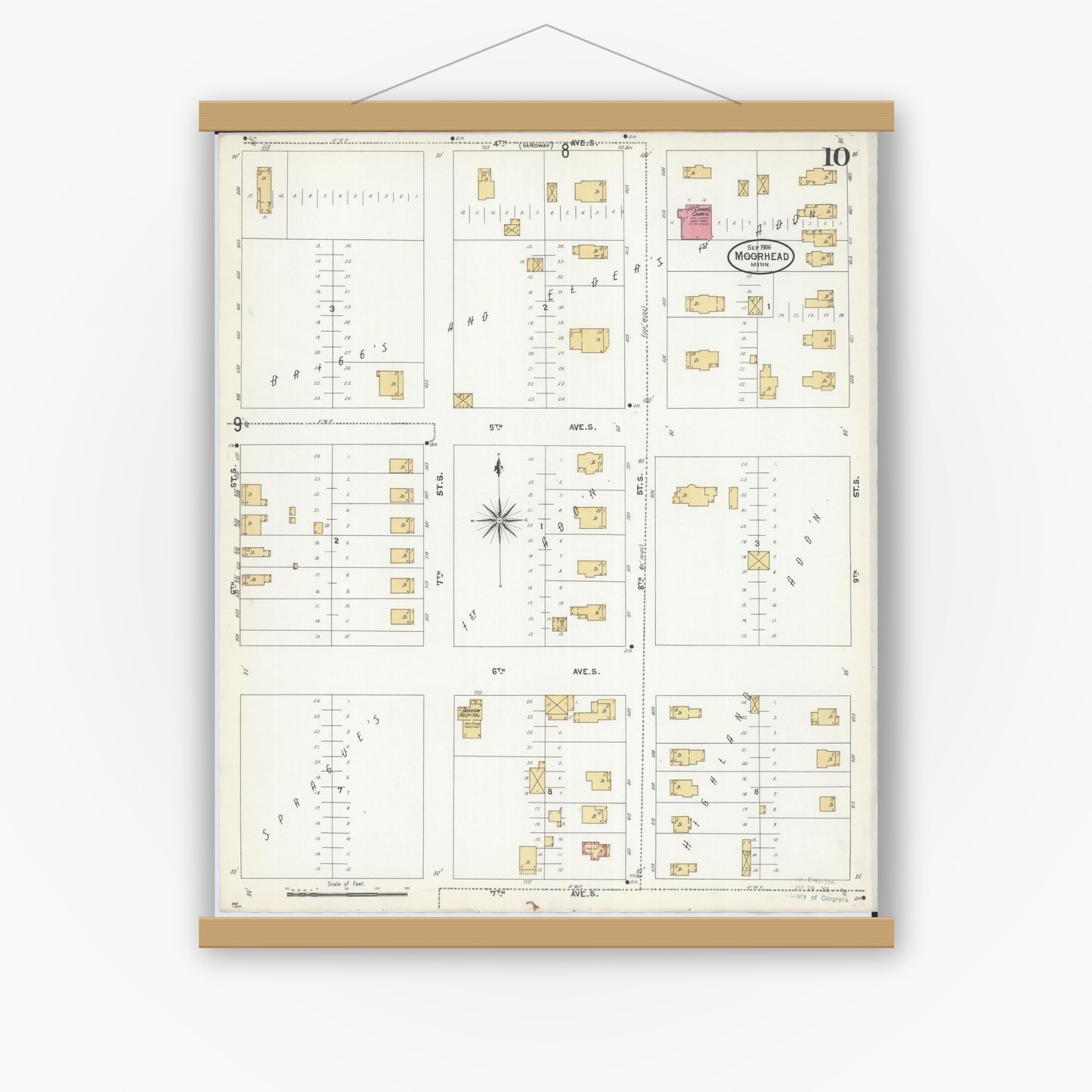 Old map wall art mockup — magnetic wood frame on white wall — Sanborn Fire Insurance Map from Moorhead, Clay County, Minnesota (1906), Sheet #0010