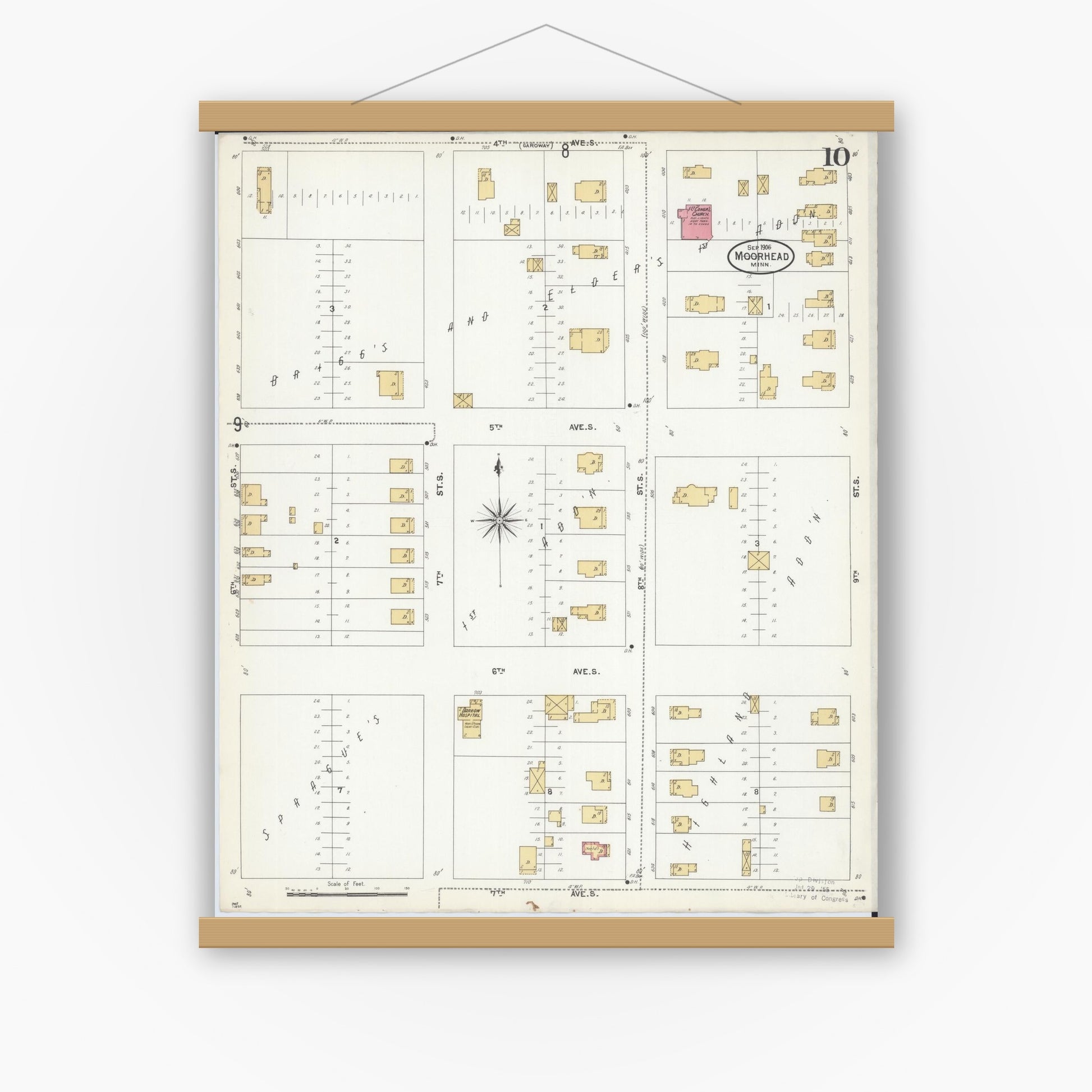 Old map wall art mockup — magnetic wood frame on white wall — Sanborn Fire Insurance Map from Moorhead, Clay County, Minnesota (1906), Sheet #0010