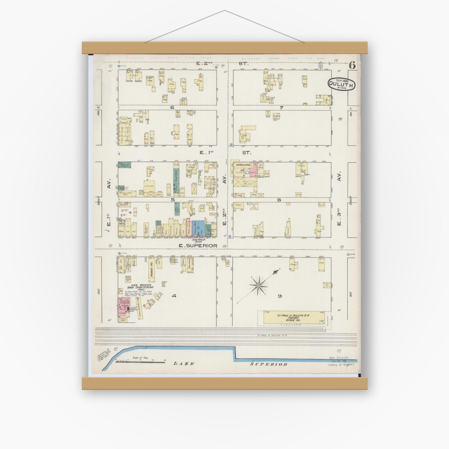 Old map wall art mockup — magnetic wood frame on white wall — Sanborn Fire Insurance Map from Duluth, Saint Louis County, Minnesota (1885), Sheet #0006