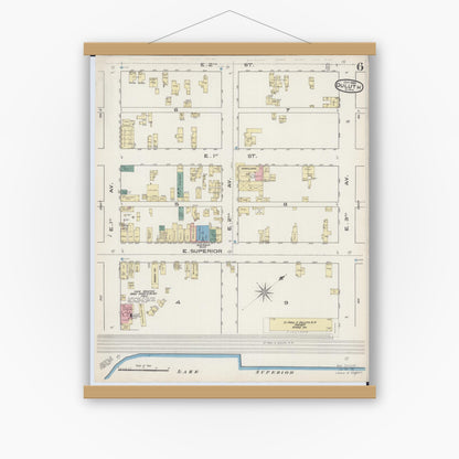 Old map wall art mockup — magnetic wood frame on white wall — Sanborn Fire Insurance Map from Duluth, Saint Louis County, Minnesota (1885), Sheet #0006