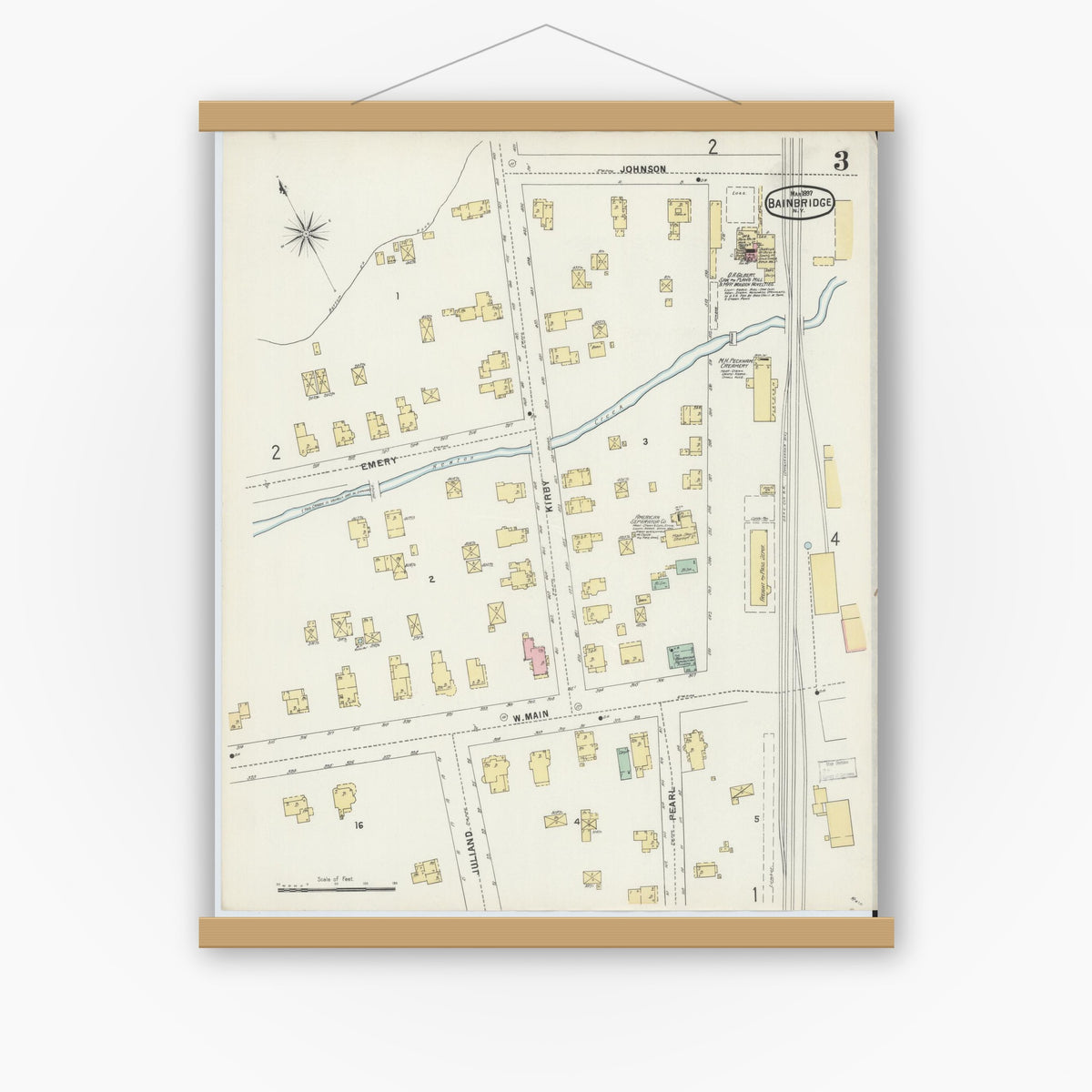 Old map wall art mockup — magnetic wood frame on white wall — Sanborn Fire Insurance Map from Bainbridge, Chenango County, New York (1897), Sheet #0003