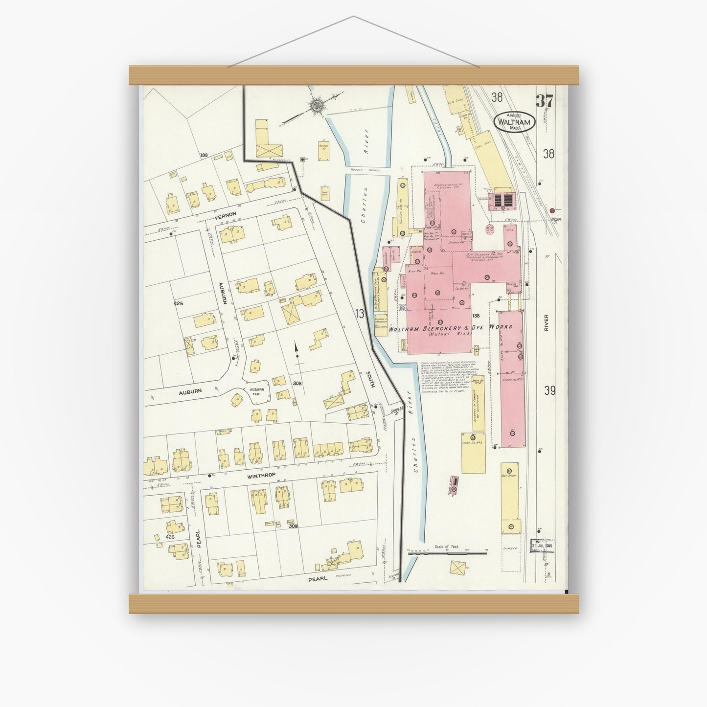 Old map wall art mockup — magnetic wood frame on white wall — Sanborn Fire Insurance Map from Waltham, Middlesex County, Massachusetts (1911), Sheet #0037