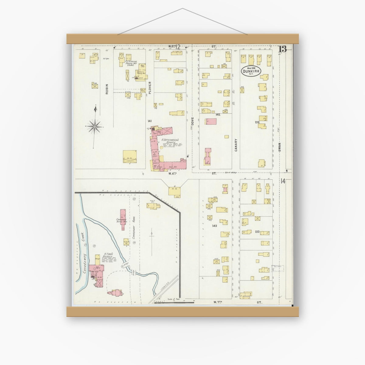Old map wall art mockup — magnetic wood frame on white wall — Sanborn Fire Insurance Map from Dunkirk, Chautauqua County, New York (1898), Sheet #0013