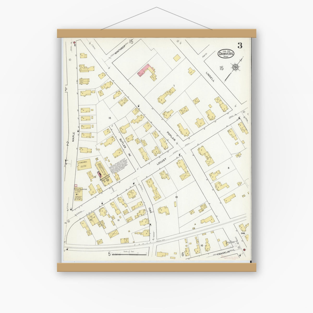 Old map wall art mockup — magnetic wood frame on white wall — Sanborn Fire Insurance Map from Danvers, Essex County, Massachusetts (1916), Sheet #0003