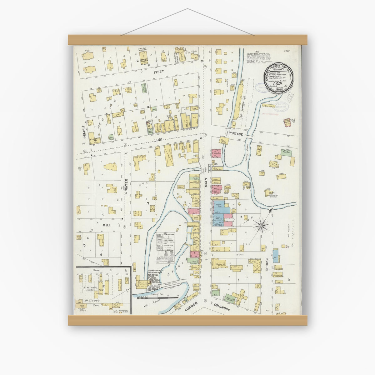 Old map wall art mockup — magnetic wood frame on white wall — Sanborn Fire Insurance Map from Lodi, Columbia County, Wisconsin (1898), Sheet #0001