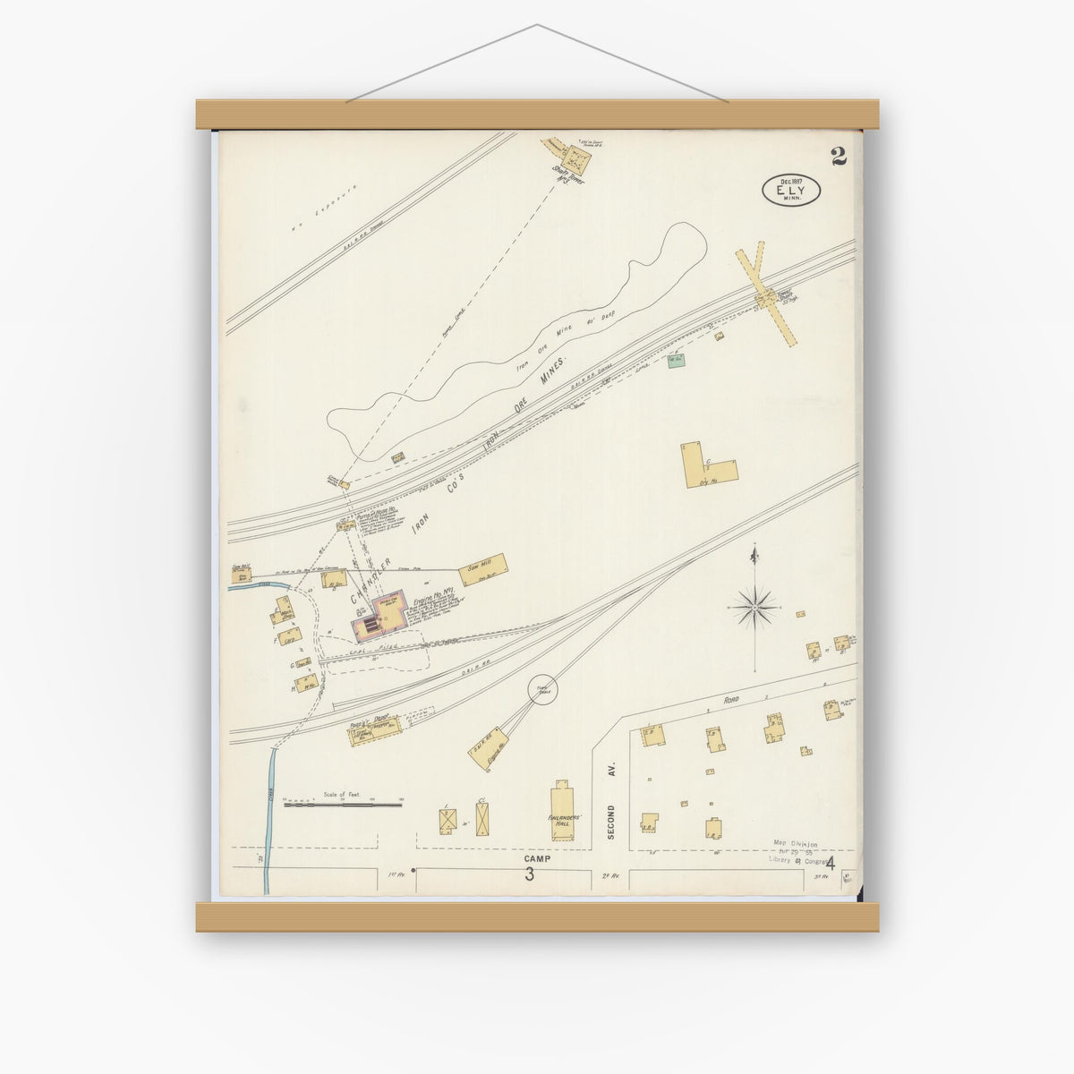 Old map wall art mockup — magnetic wood frame on white wall — Sanborn Fire Insurance Map from Ely, Saint Louis County, Minnesota (1897), Sheet #0002