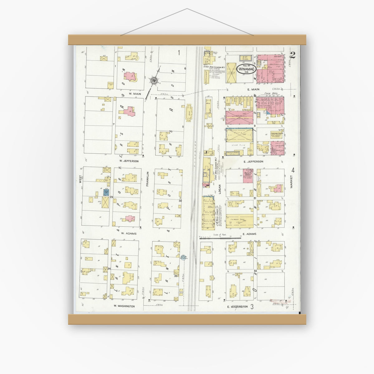 Old map wall art mockup — magnetic wood frame on white wall — Sanborn Fire Insurance Map from Winamac, Pulaski County, Indiana (1911), Sheet #0002
