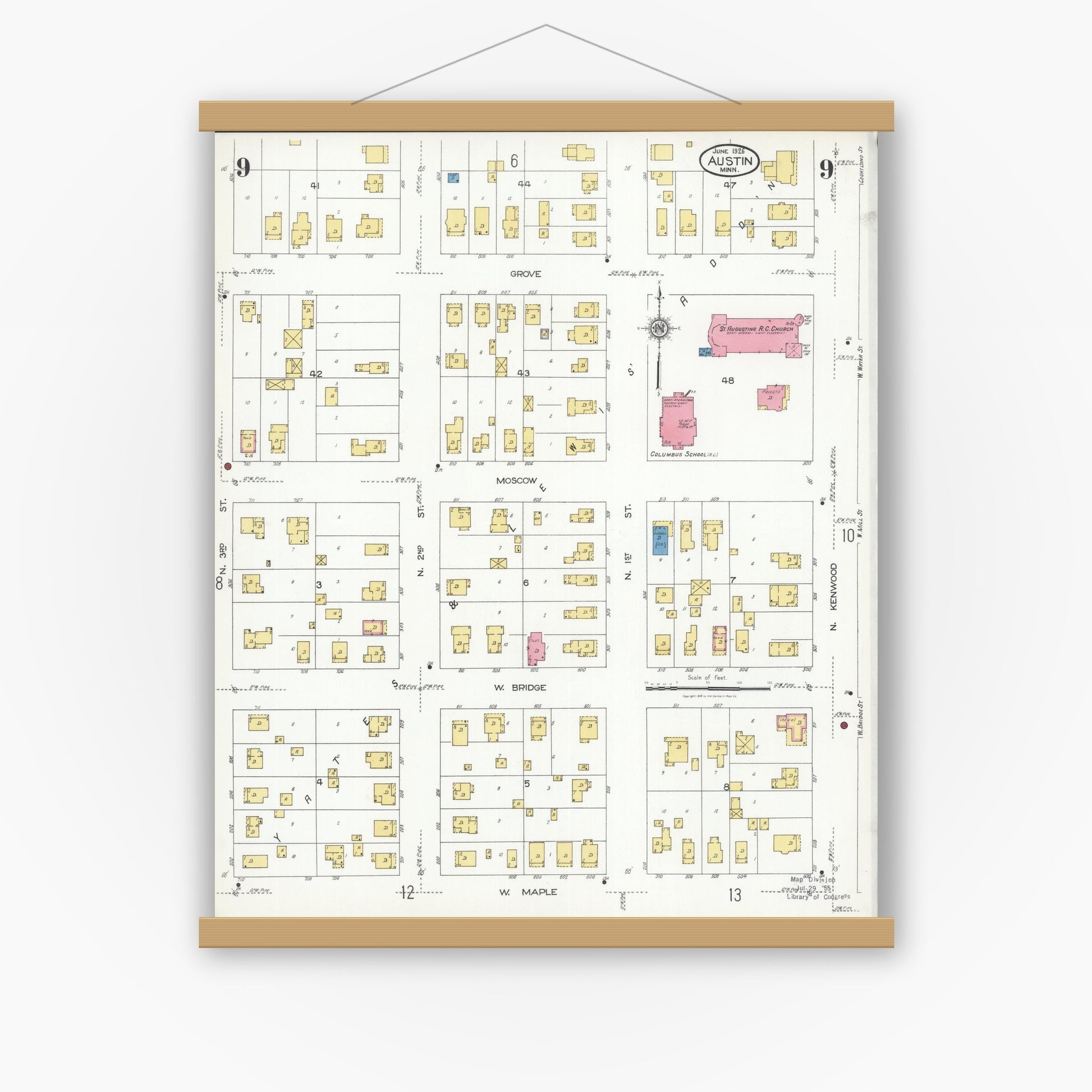 Old map wall art mockup — magnetic wood frame on white wall — Sanborn Fire Insurance Map from Austin, Mower County, Minnesota (1926), Sheet #0009