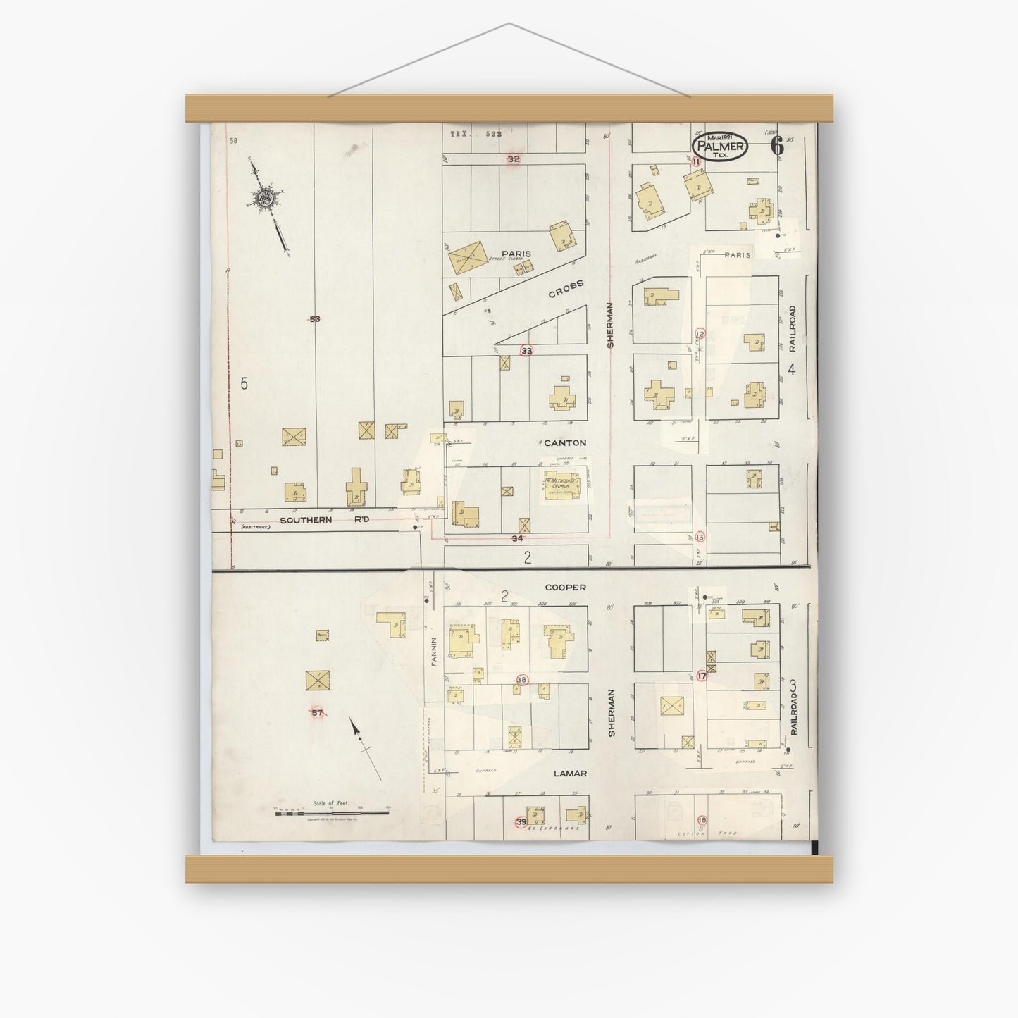Old map wall art mockup — magnetic wood frame on white wall — Sanborn Fire Insurance Map from Palmer, Ellis County, Texas (1936), Sheet #0006