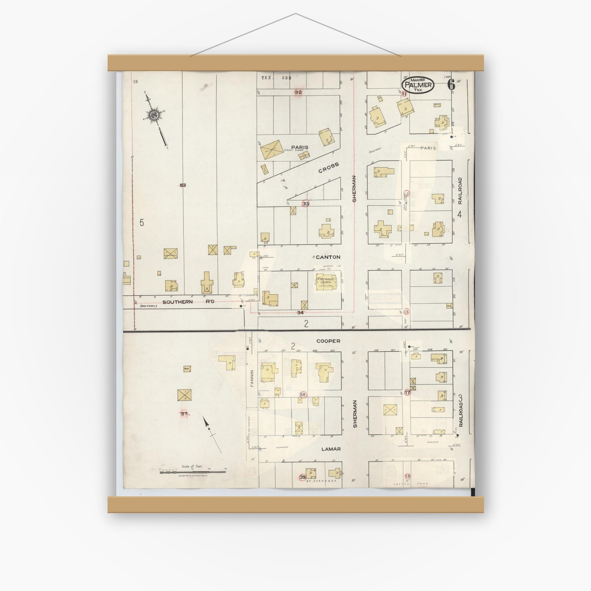 Old map wall art mockup — magnetic wood frame on white wall — Sanborn Fire Insurance Map from Palmer, Ellis County, Texas (1936), Sheet #0006
