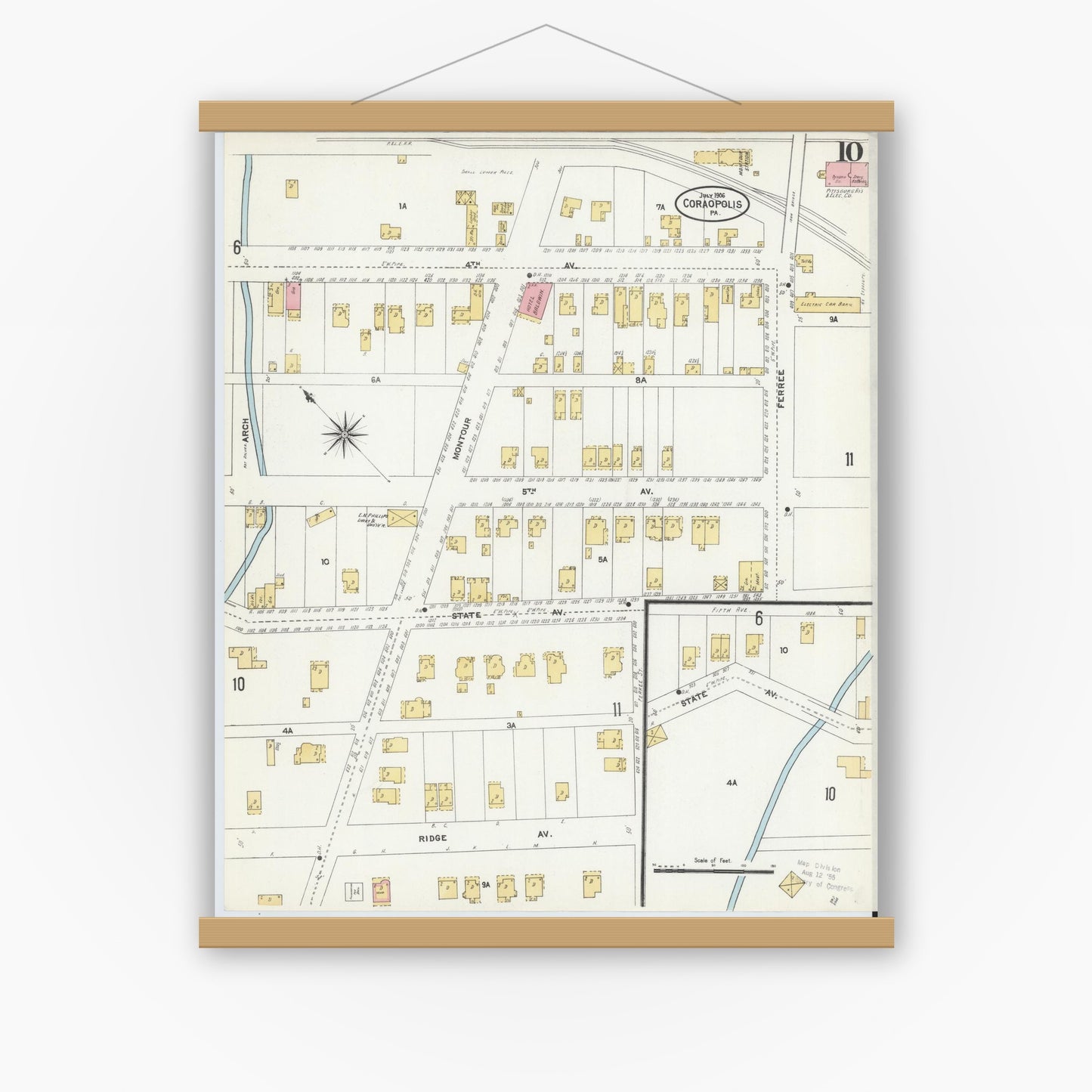 Old map wall art mockup — magnetic wood frame on white wall — Sanborn Fire Insurance Map from Coraopolis, Allegheny County, Pennsylvania (1906), Sheet #0010