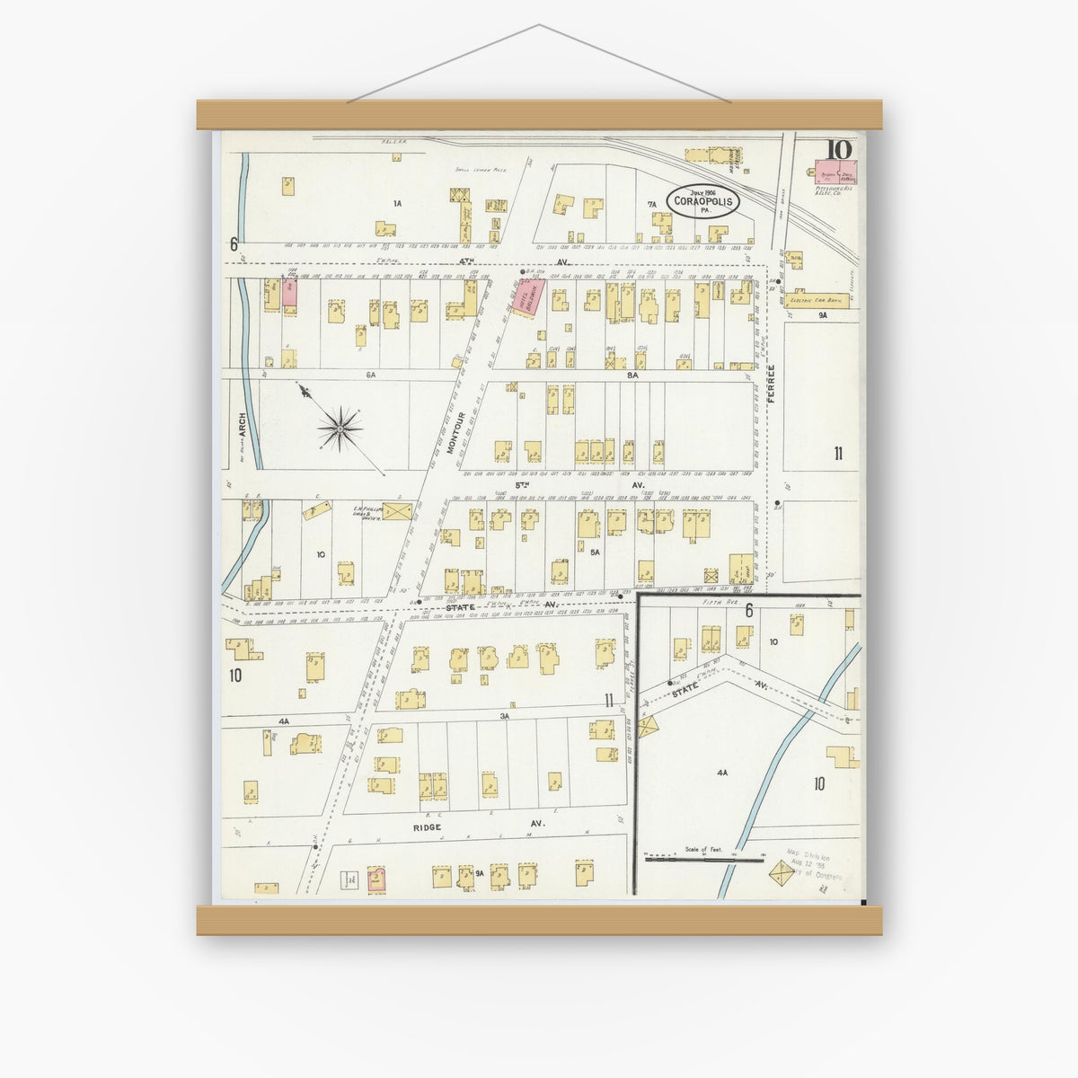 Old map wall art mockup — magnetic wood frame on white wall — Sanborn Fire Insurance Map from Coraopolis, Allegheny County, Pennsylvania (1906), Sheet #0010