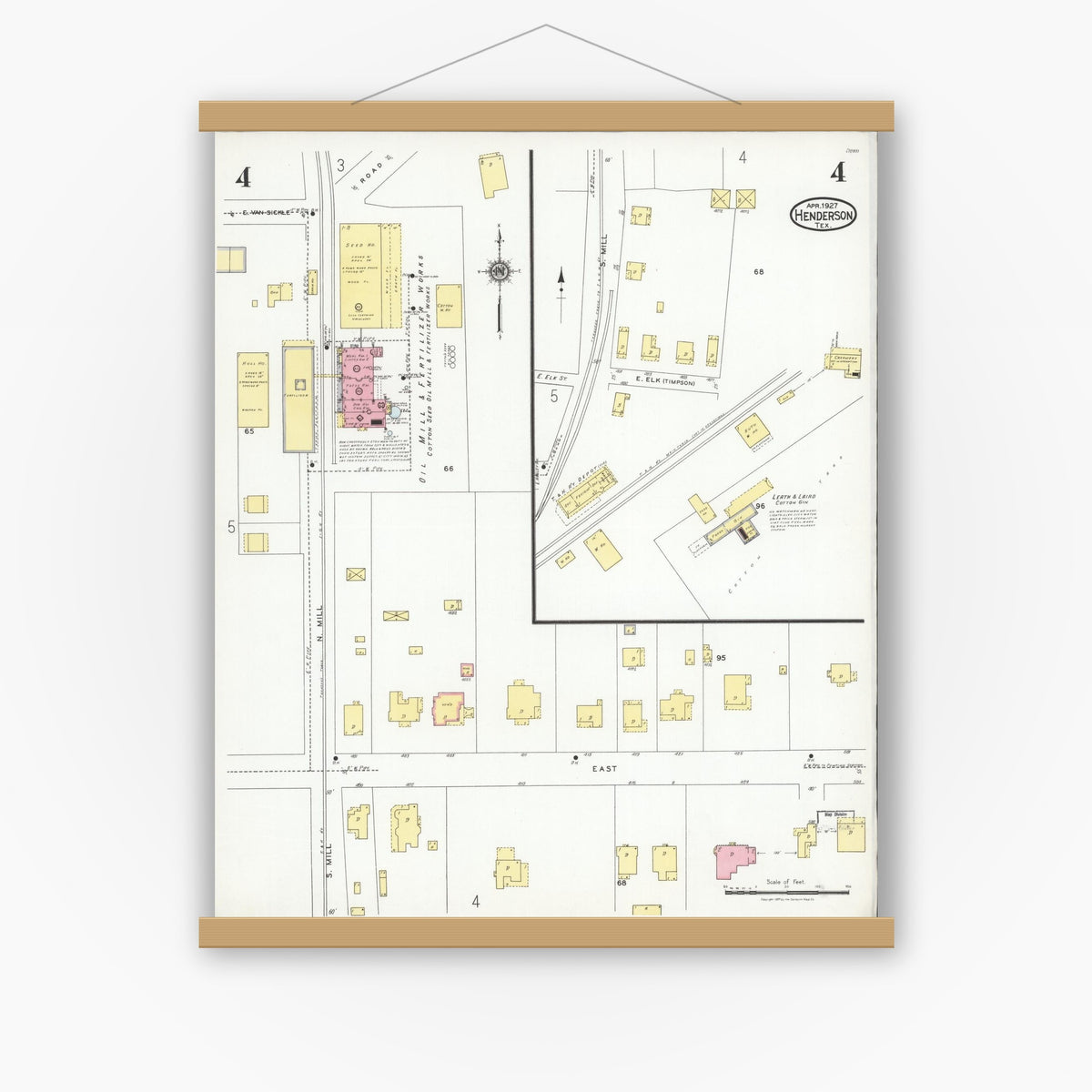 Old map wall art mockup — magnetic wood frame on white wall — Sanborn Fire Insurance Map from Henderson, Rusk County, Texas (1927), Sheet #0004