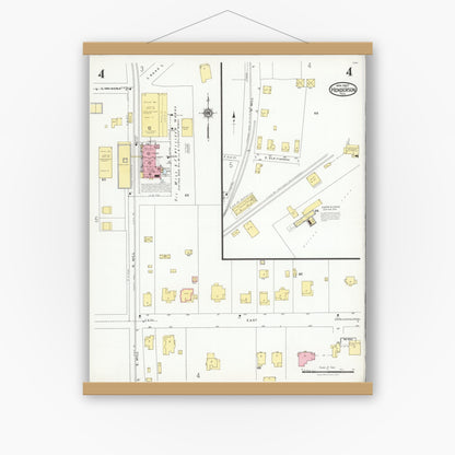Old map wall art mockup — magnetic wood frame on white wall — Sanborn Fire Insurance Map from Henderson, Rusk County, Texas (1927), Sheet #0004