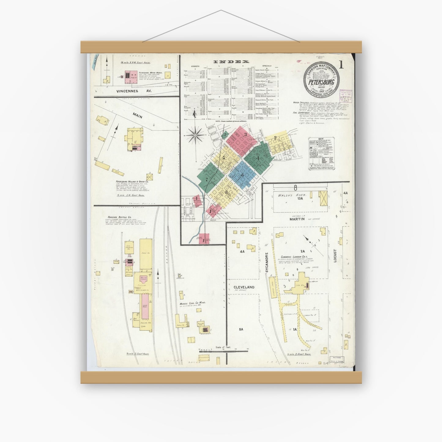 Old map wall art mockup — magnetic wood frame on white wall — Sanborn Fire Insurance Map from Petersburg, Pike County, Indiana (1907) - Complete Map Set