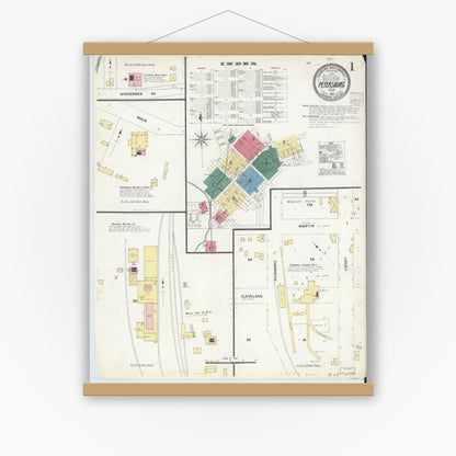 Old map wall art mockup — magnetic wood frame on white wall — Sanborn Fire Insurance Map from Petersburg, Pike County, Indiana (1907) - Complete Map Set