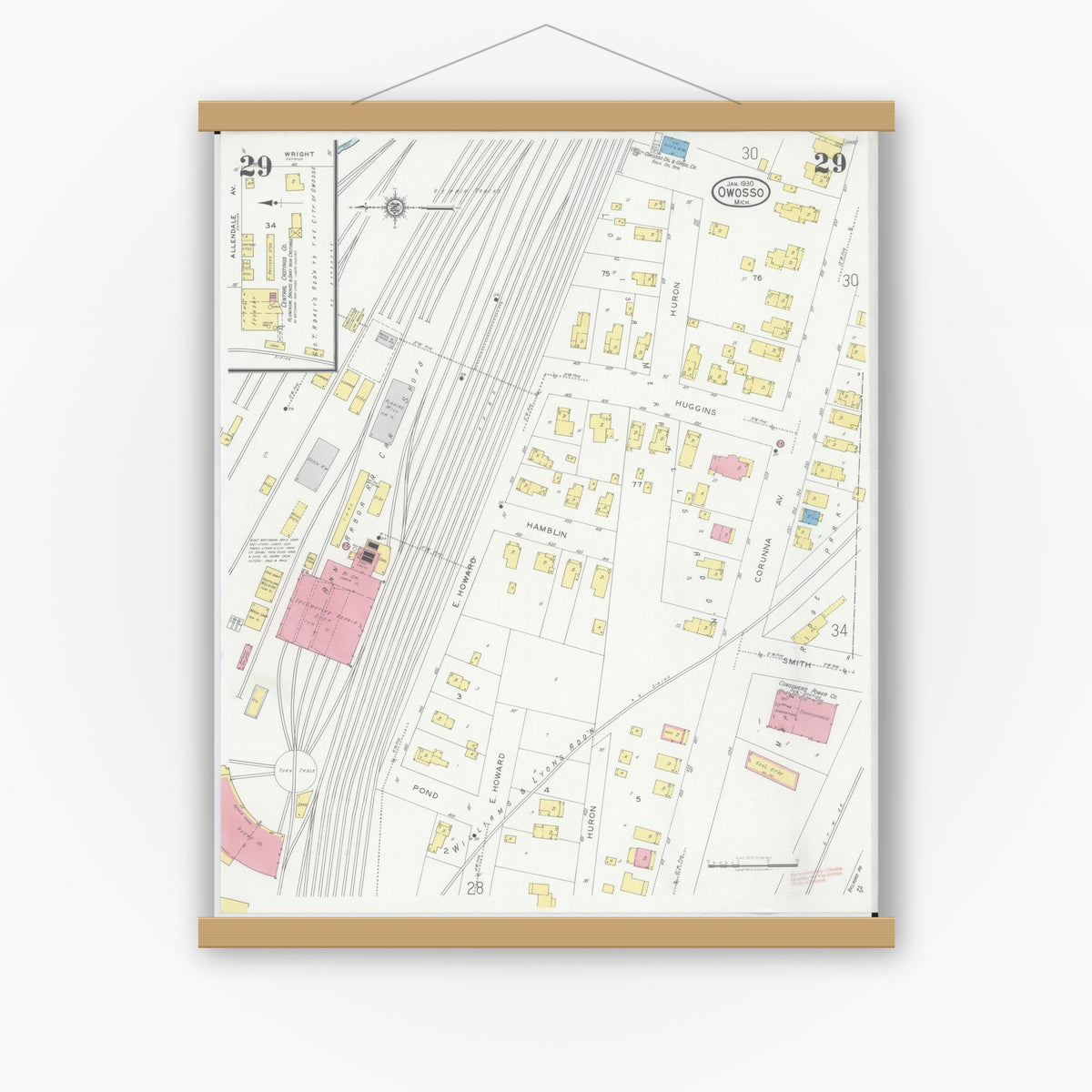 Old map wall art mockup — magnetic wood frame on white wall — Sanborn Fire Insurance Map from Owosso, Shiawassee County, Michigan (1930), Sheet #0029