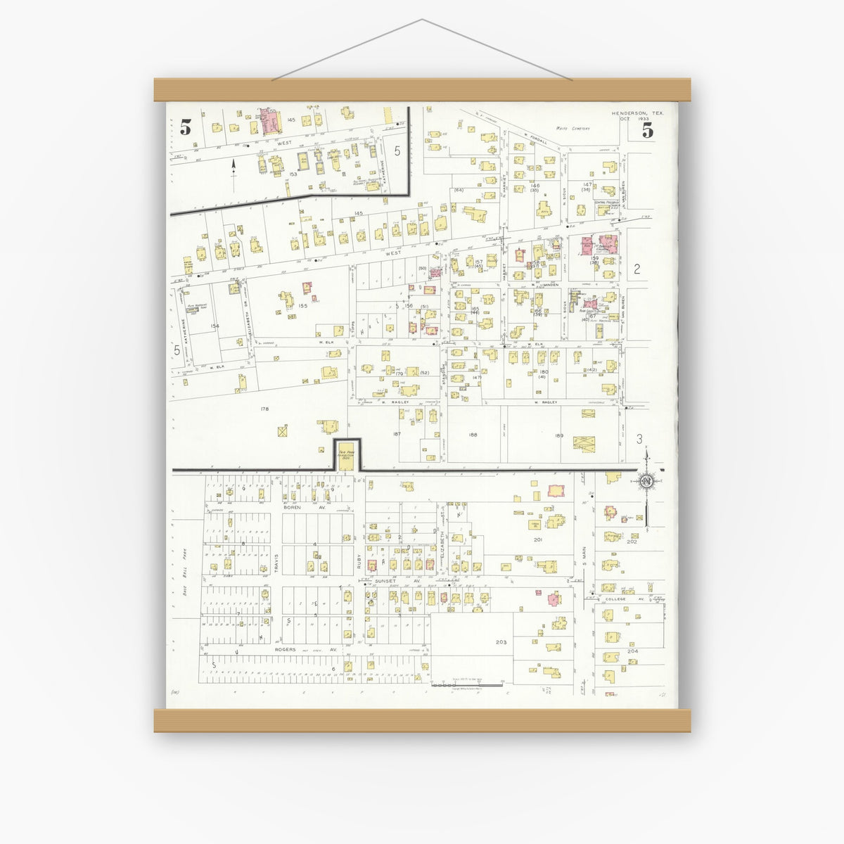 Old map wall art mockup — magnetic wood frame on white wall — Sanborn Fire Insurance Map from Henderson, Rusk County, Texas (1933), Sheet #0005