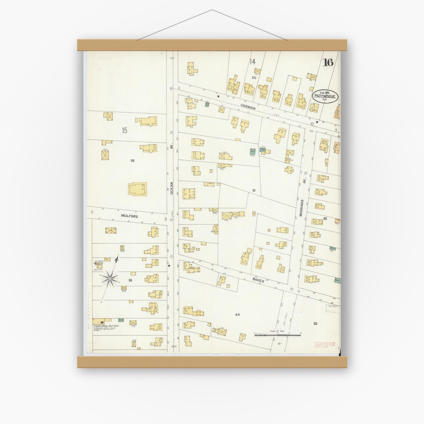 Old map wall art mockup — magnetic wood frame on white wall — Sanborn Fire Insurance Map from Patchogue, Suffolk County, New York (1902), Sheet #0016