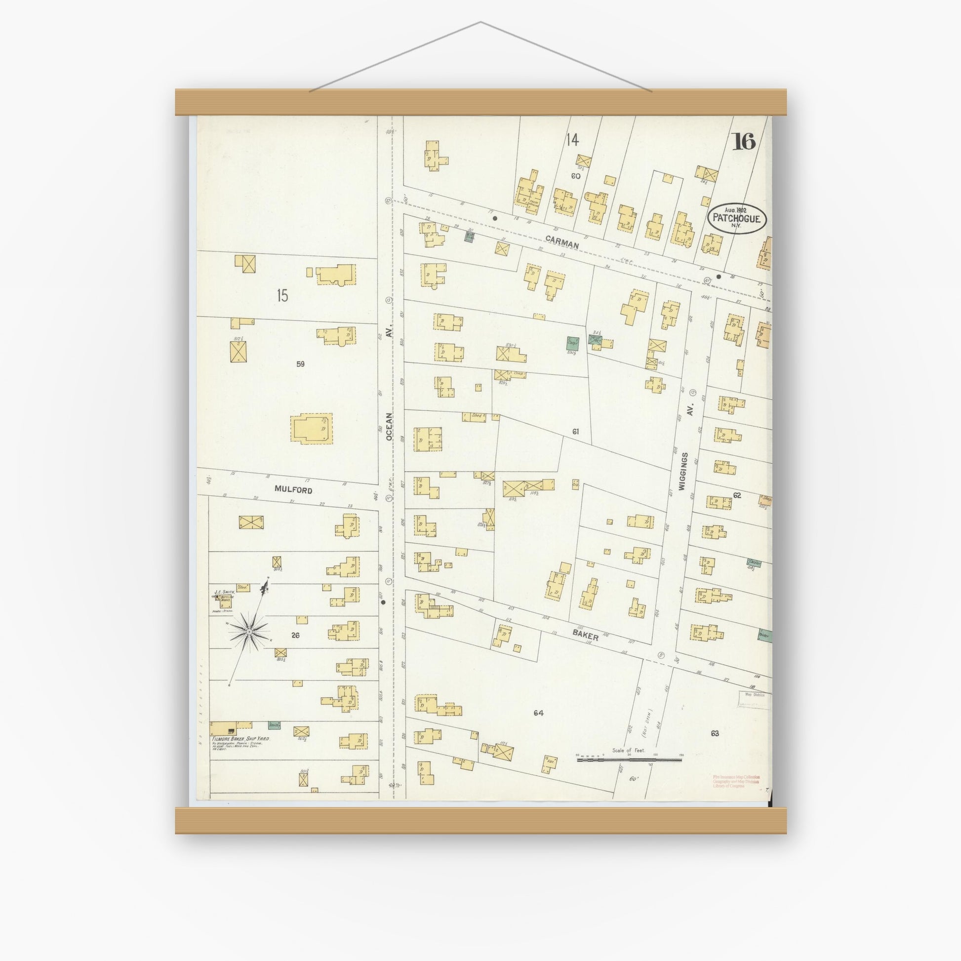 Old map wall art mockup — magnetic wood frame on white wall — Sanborn Fire Insurance Map from Patchogue, Suffolk County, New York (1902), Sheet #0016