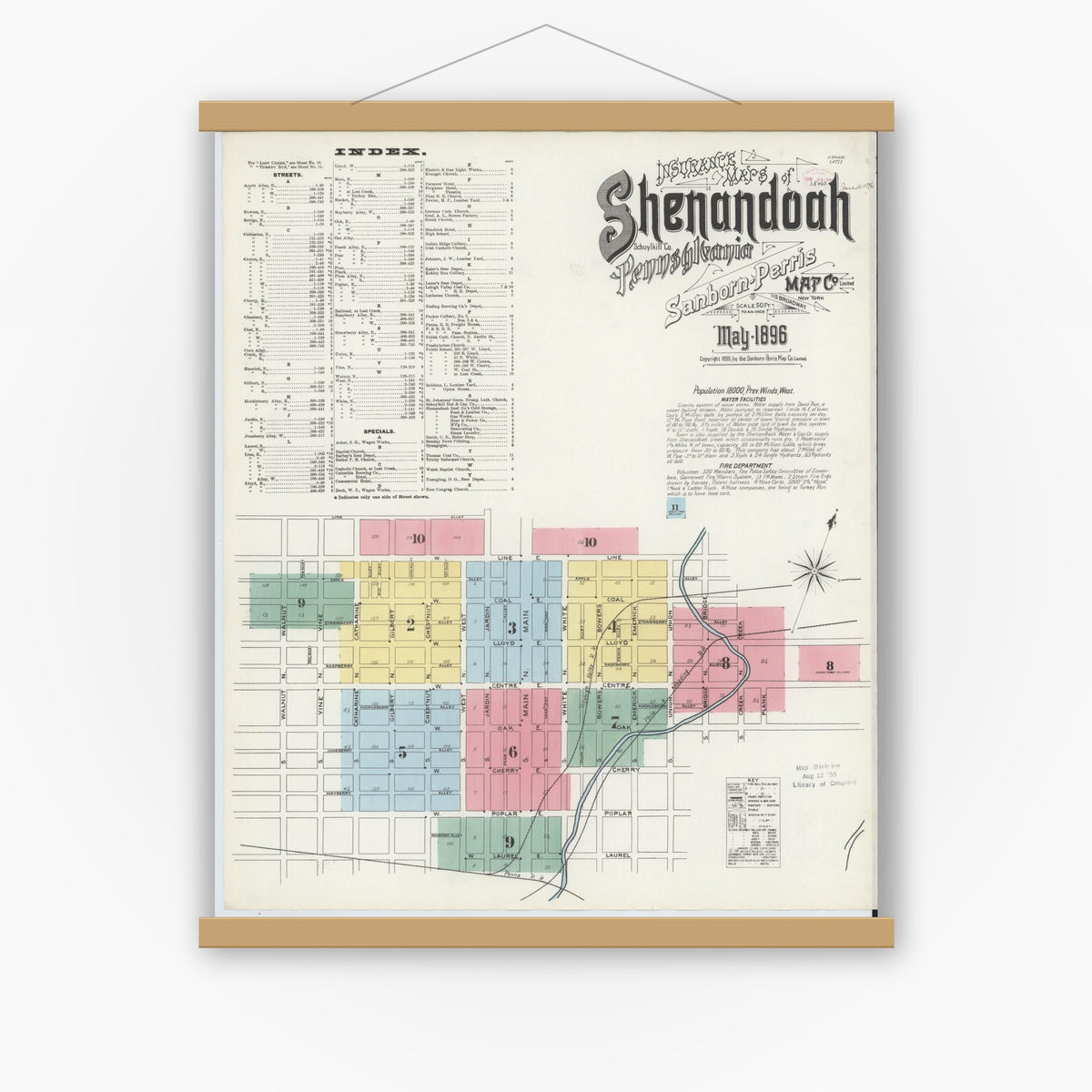 Old map wall art mockup — magnetic wood frame on white wall — Sanborn Fire Insurance Map from Shenandoah, Schuylkill County, Pennsylvania (1896), Sheet #0001