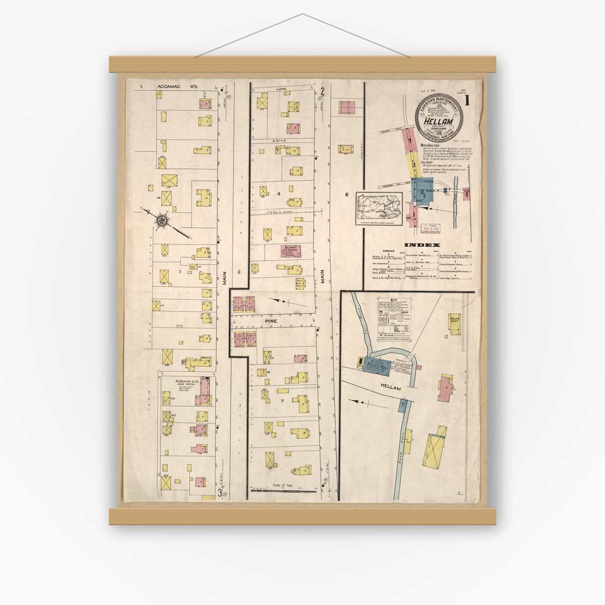 Old map wall art mockup — magnetic wood frame on white wall — Sanborn Fire Insurance Map from Hellam, York County, Pennsylvania (1913), Sheet #0001